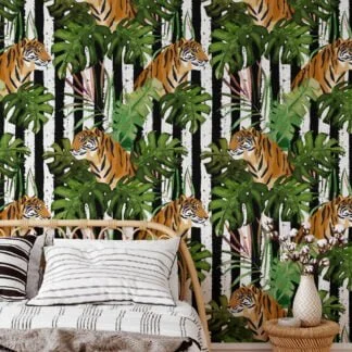 Tiger Illustration With Tropical Monstera Leaves Wallpaper, Majestic Tiger in Jungle Peel & Stick Wall Mural