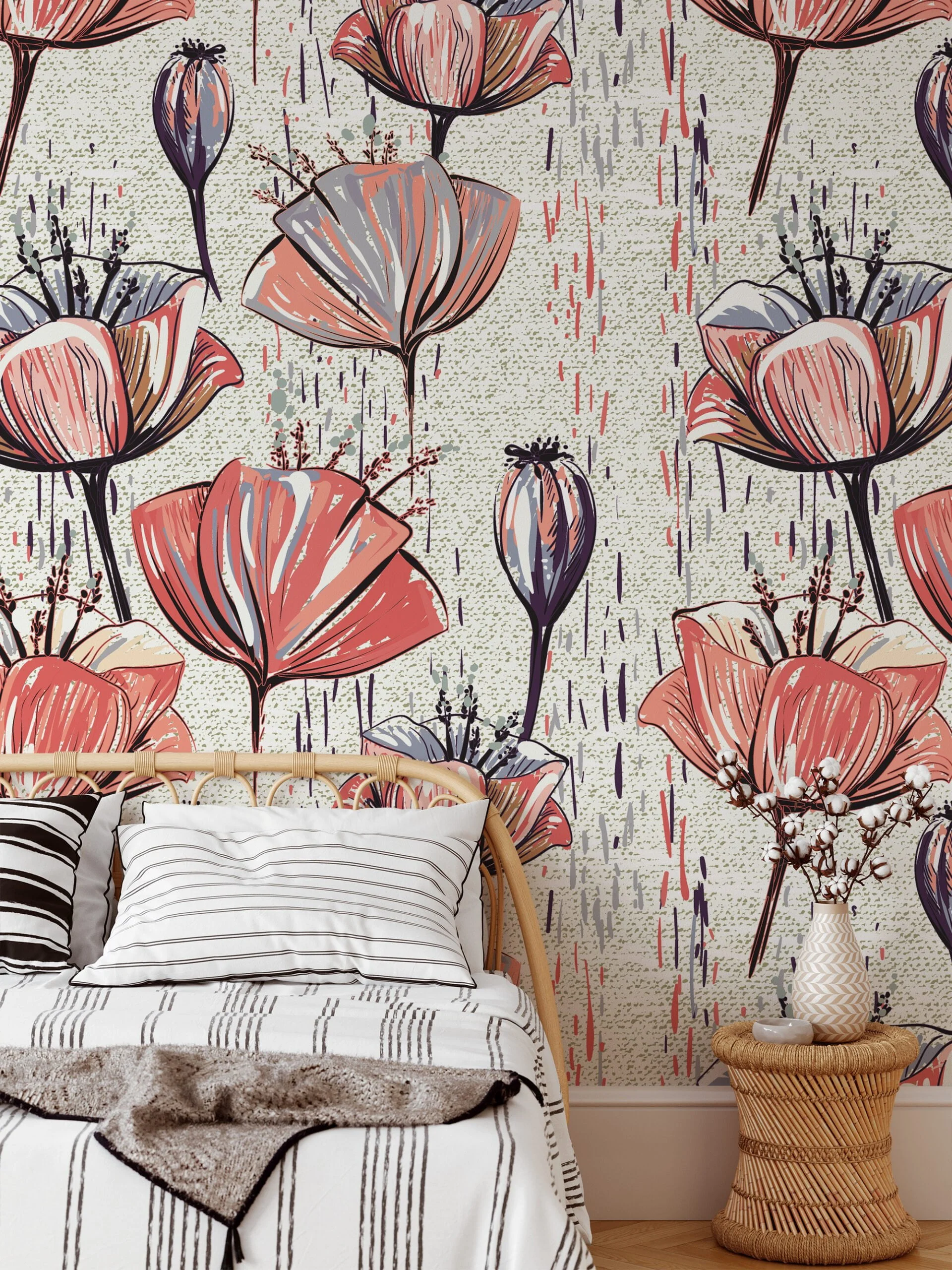 Flower Illustration Wallpaper, Abstract Floral Tulip Sketch Peel & Stick Wall Mural