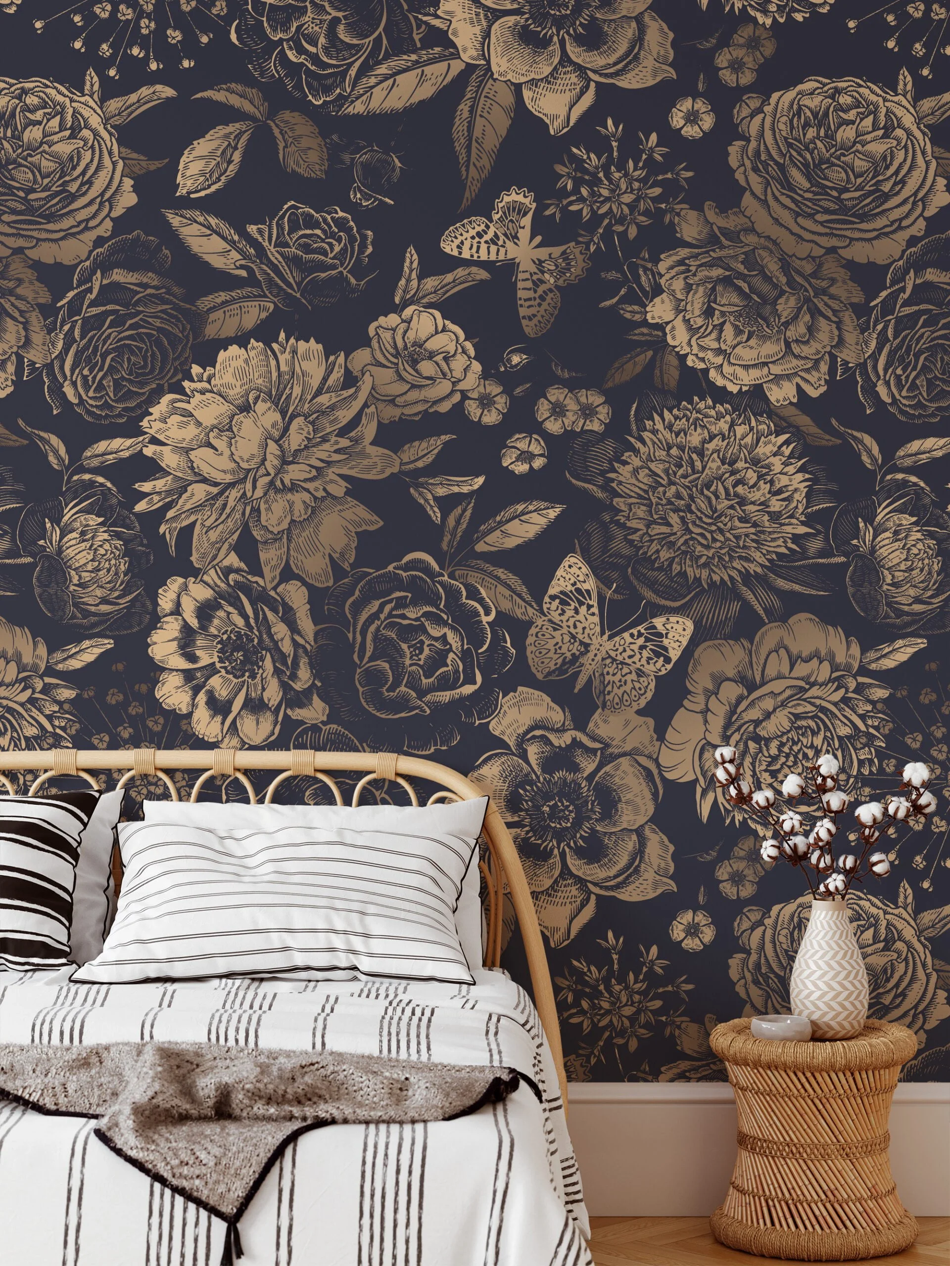 Vintage Style Large Flowers With Butterflies On A Dark Background Wallpaper, Luxurious Gold Floral Peel & Stick Wall Mural