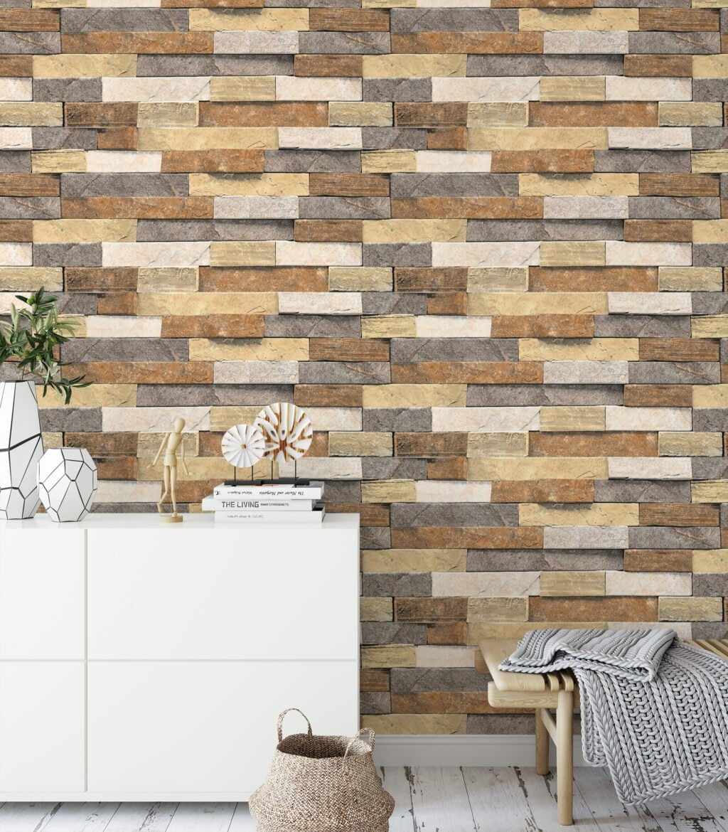 Earth Toned Brick Wall Wallpaper, Modern Stacked Stone Faux Peel & Stick Wall Mural