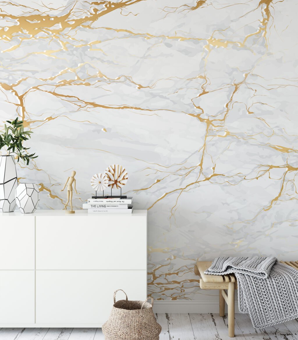 Gold And White Marble Wallpaper, Luxurious Faux Marble Illustration Peel & Stick Wall Mural