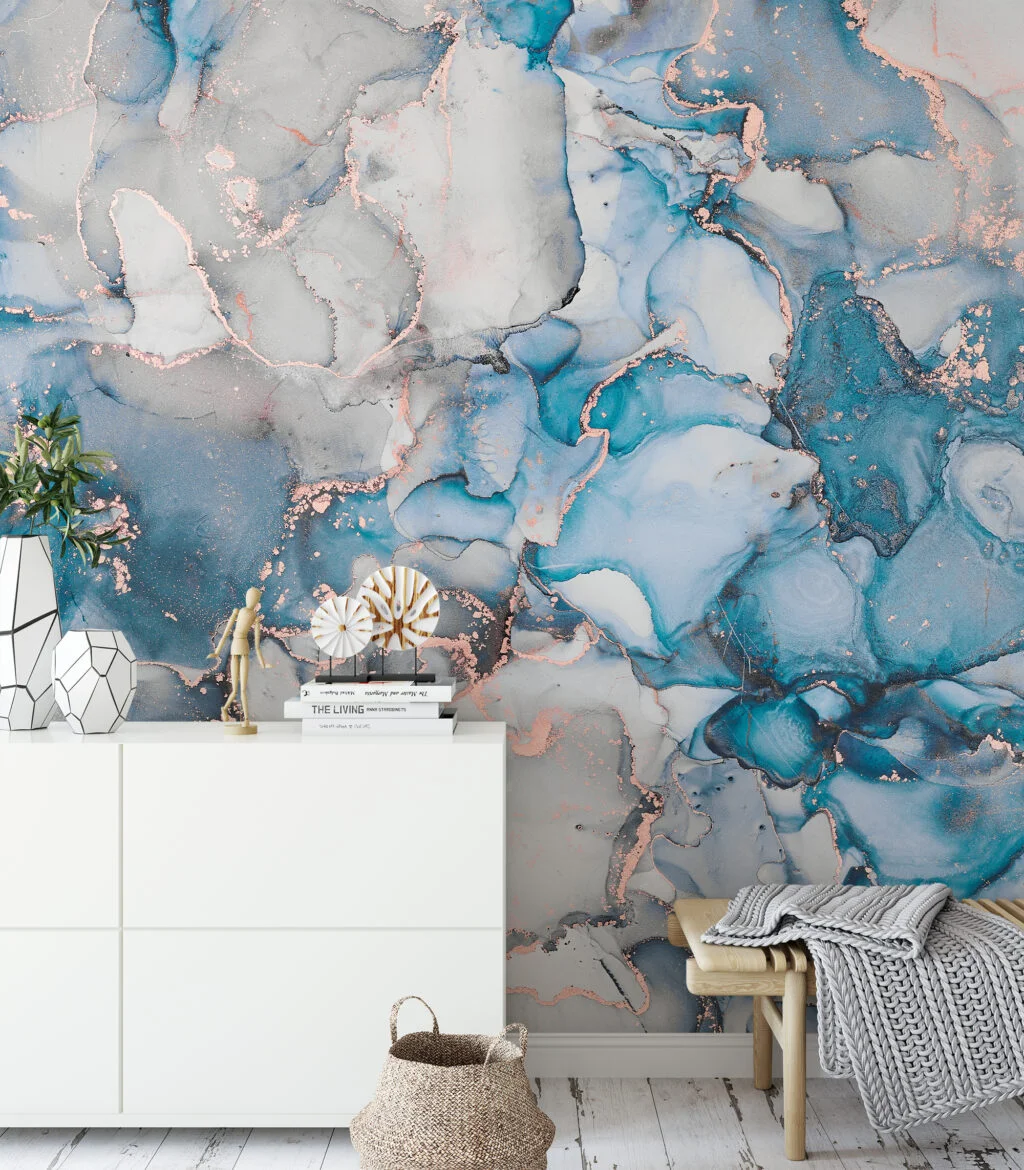 Blue And Grey Copper Alcohol Ink Art Marble Wallpaper, Cool Blue Marble Peel & Stick Wall Mural