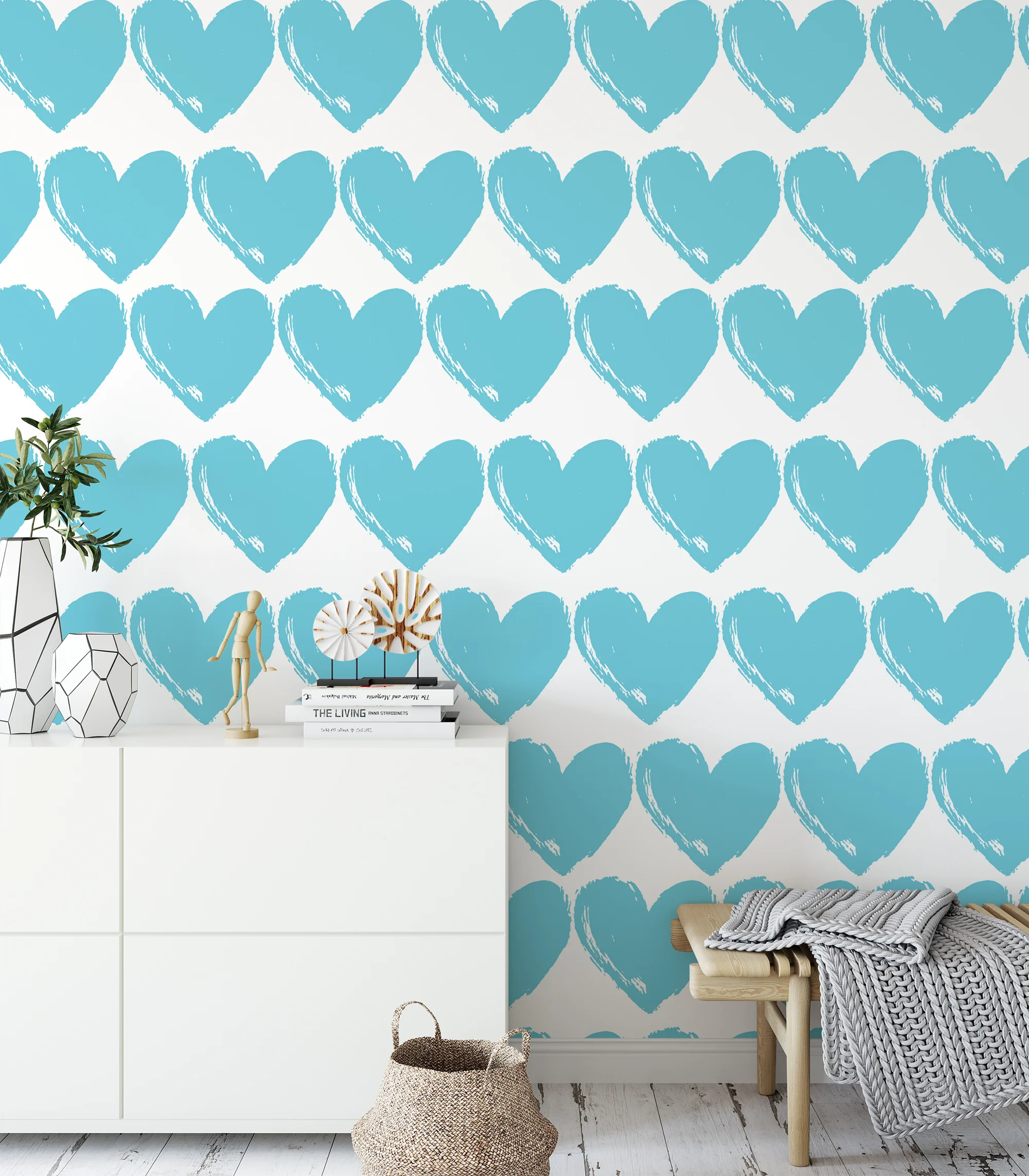 Light Blue Heart Pattern Wallpaper, Sweetheart Blue Heart Nursery Peel & Stick Wall Mural
