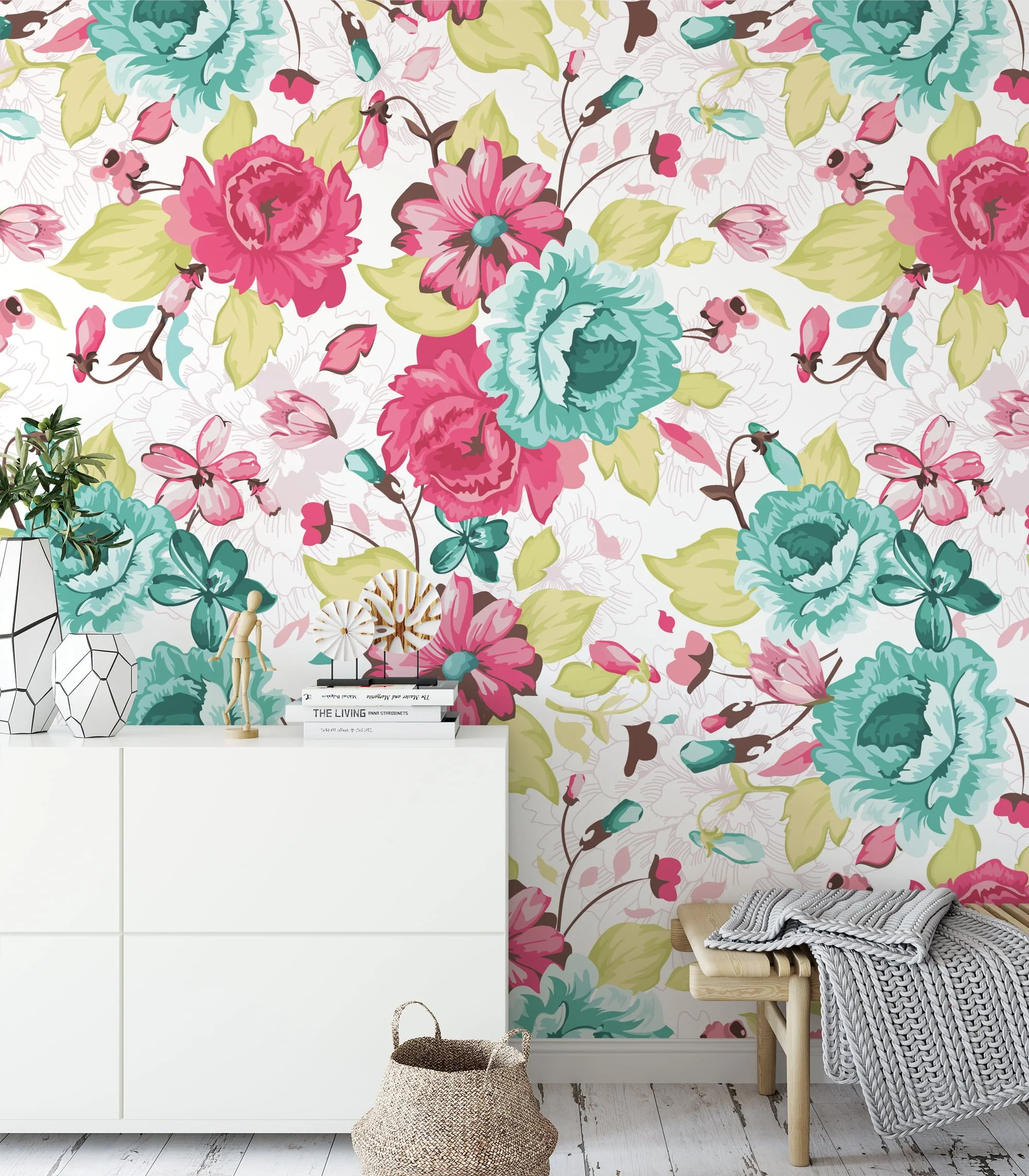 Abstract Turquoise And Pink Floral Wallpaper, Vintage Floral Charm Peel & Stick Wall Mural