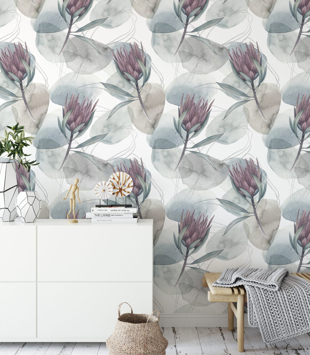 Vintage Floral Watercolor Style Illustration Wallpaper, Serene Protea Blossoms Peel & Stick Wall Mural