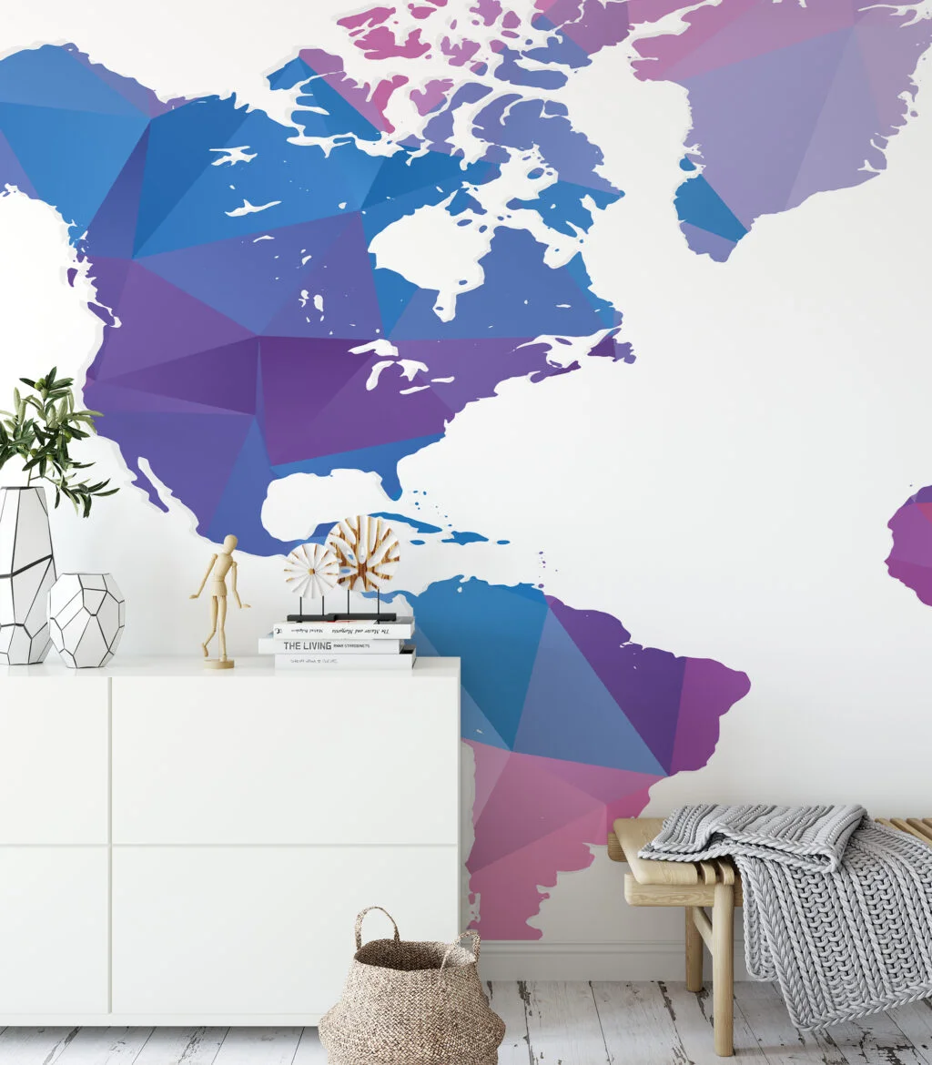 Pink Blue Purple Colored Geometric Shaped World Map Illustration Wallpaper, Modern Abstract Map Peel & Stick Wall Mural