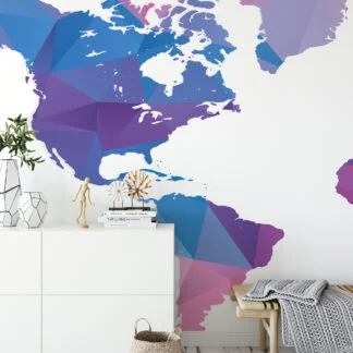 Pink Blue Purple Colored Geometric Shaped World Map Illustration Wallpaper, Modern Abstract Map Peel & Stick Wall Mural