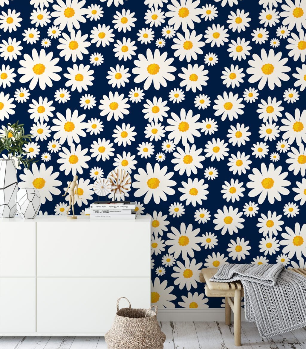 Flat Art Daisies With A Dark Navy Background Illustration Wallpaper, Cheerful Daisy Chain Peel & Stick Wall Mural