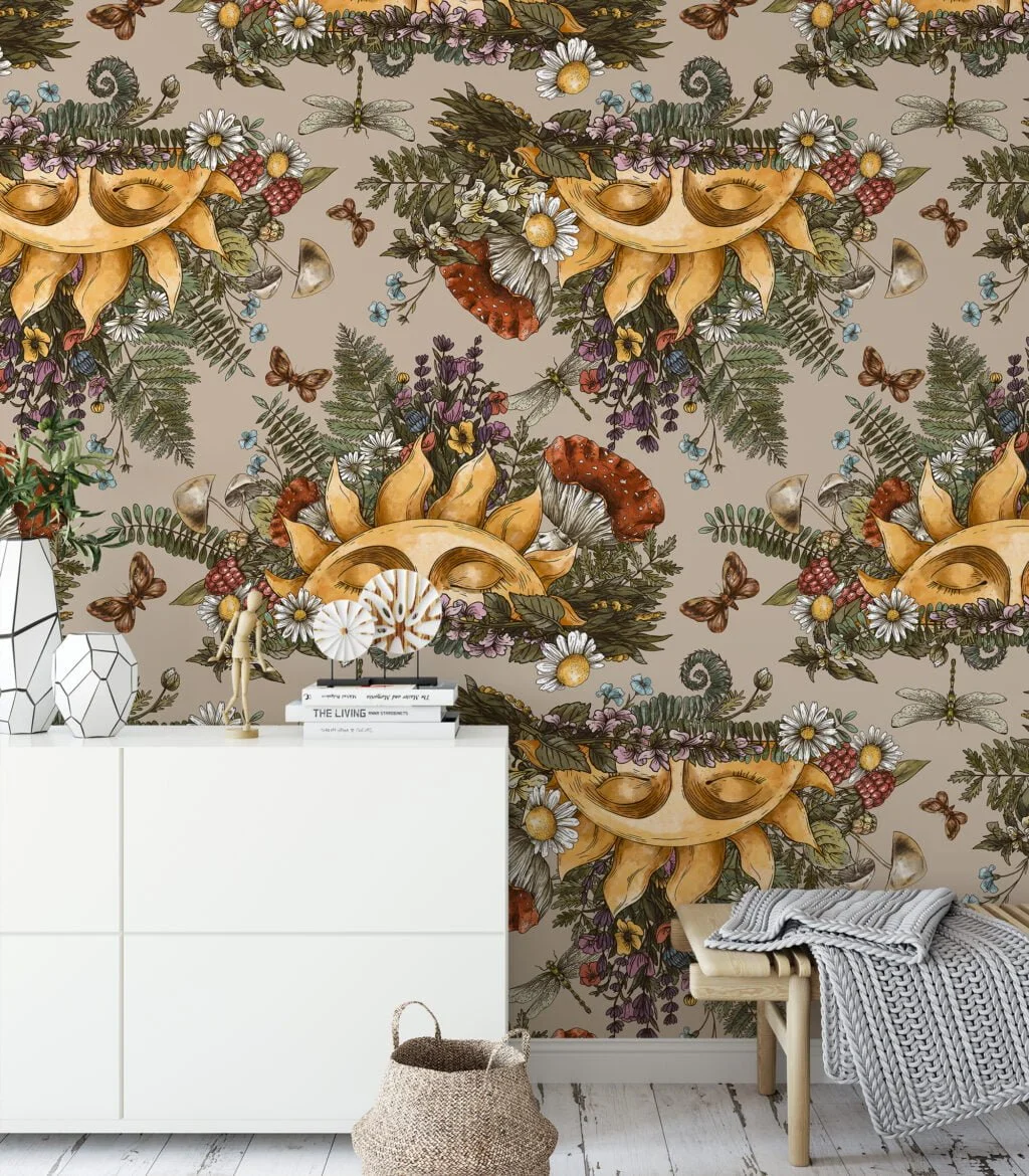 Floral Mystic Sun Illustration With Butterflies And Dragonflies Wallpaper, Enchanted Forest Peel & Stick Wall Mural