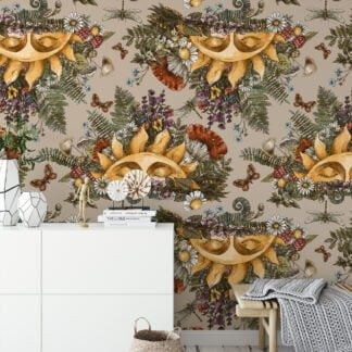 Floral Mystic Sun Illustration With Butterflies And Dragonflies Wallpaper, Enchanted Forest Peel & Stick Wall Mural