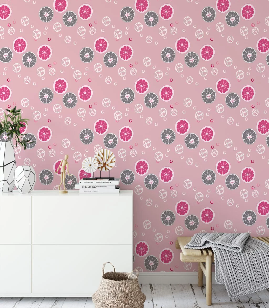 Pink And Grey Citrus Slices With Ice Illustration Wallpaper, Playful Pink Lemonade Peel & Stick Wall Mural
