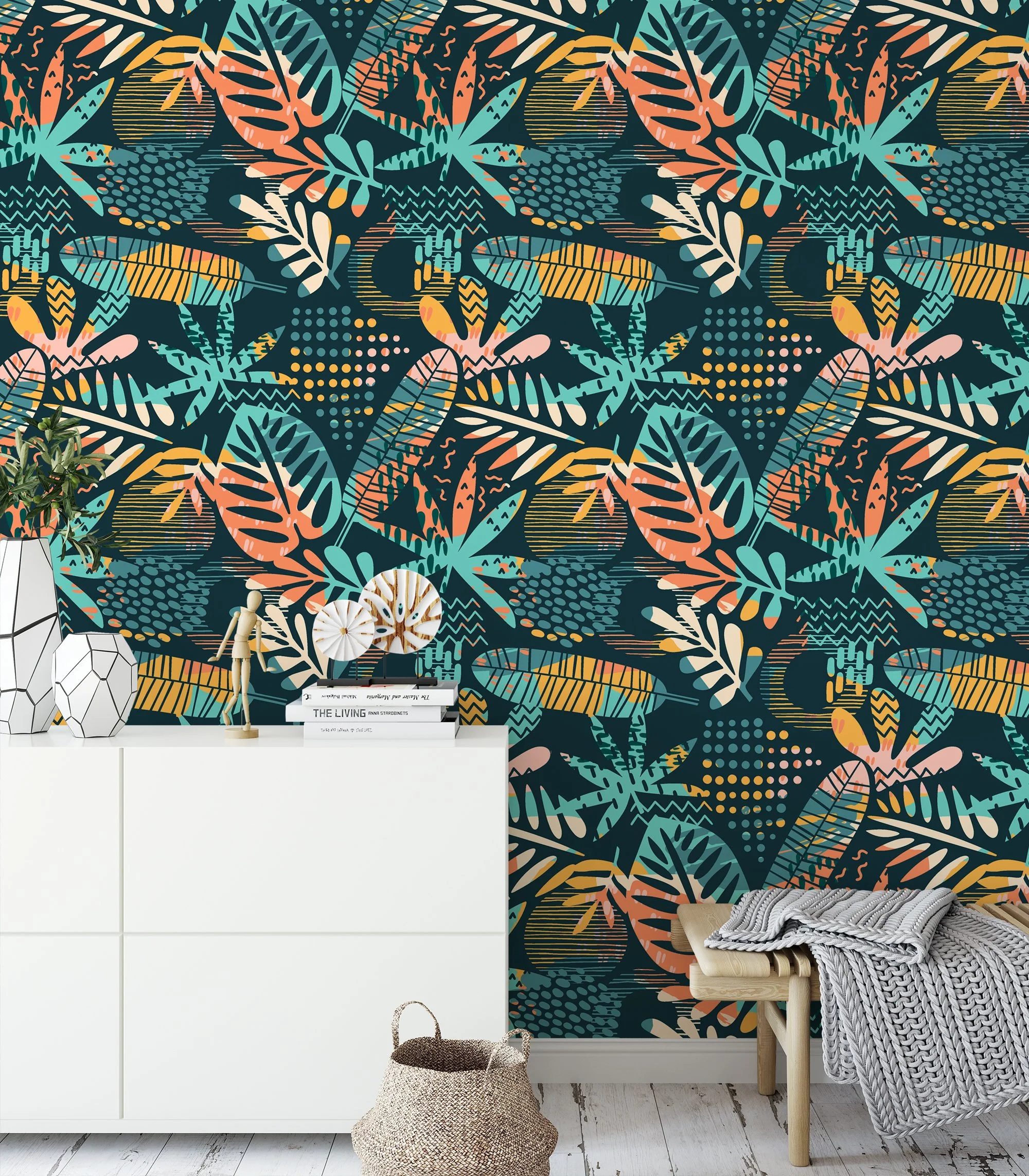 Abstract Large Tropical Silhouette Leaves Flat Art Design Wallpaper, Lush Tropical Foliage Peel & Stick Wall Mural