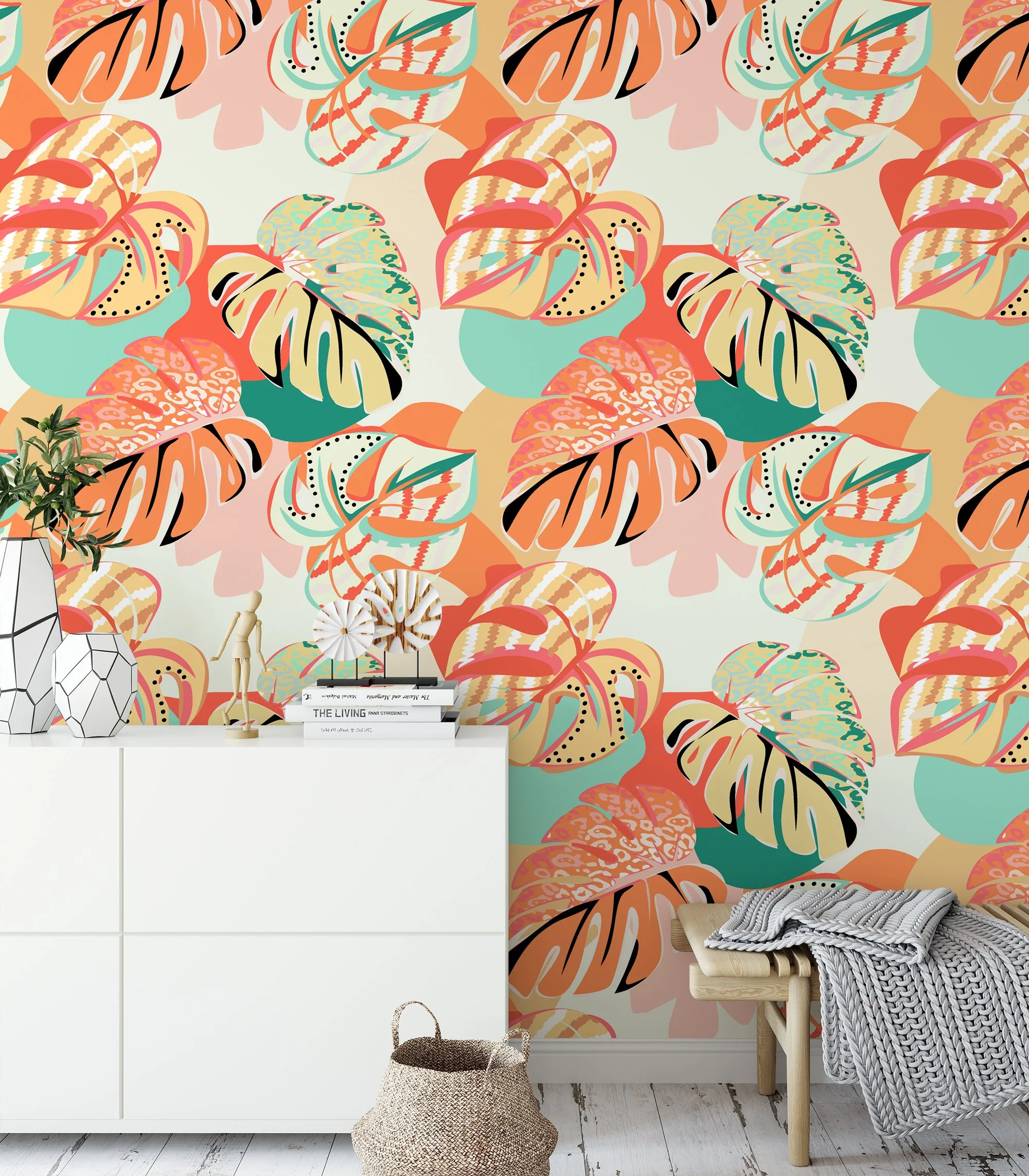 Colorful Monstera Leaves Abstract Illustration Wallpaper, Tropical Sunset Monstera Pattern Peel & Stick Wall Mural