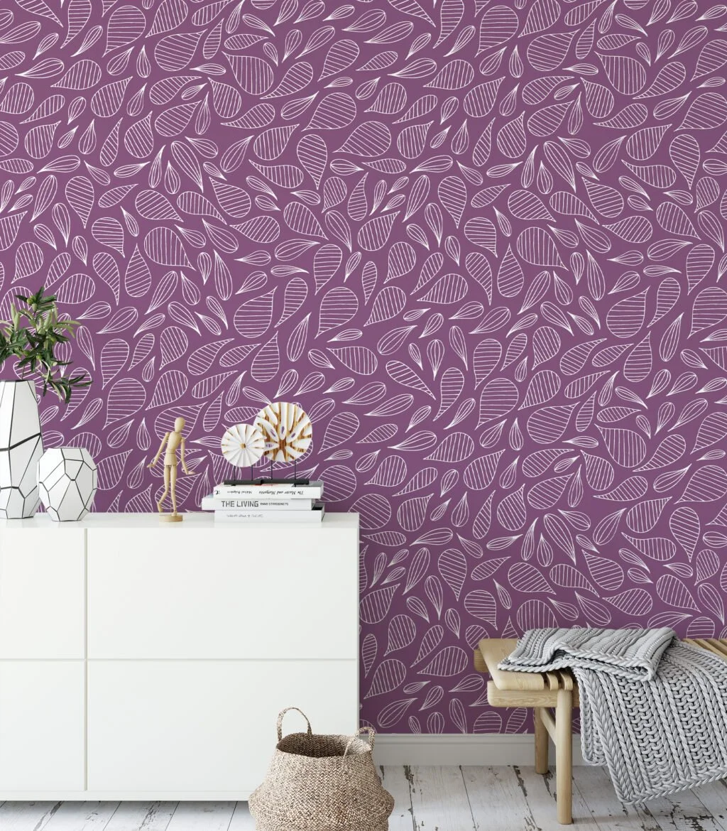 White outlined Abstract Leaves With A Purple Background Wallpaper, Whimsy Leaf Pattern Peel & Stick Wall Mural