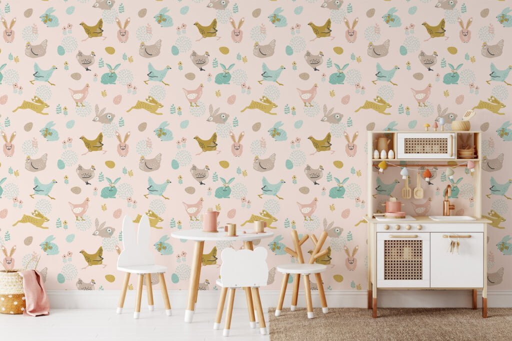 Cute Flat Art Easter Bunnies And Chickens With Eggs Illustration Wallpaper, Soft Pink Nursery Peel & Stick Wall Mural