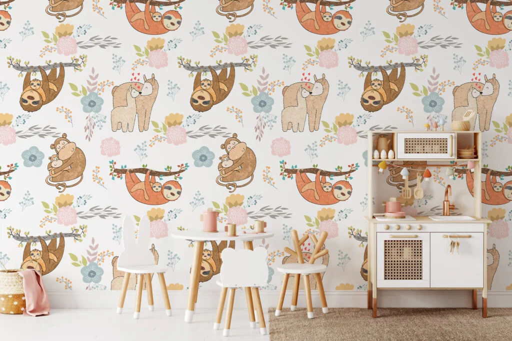 Nursery Animals With Sloths Sheep And Monkeys Illustration Wallpaper, Cozy Animal Peel & Stick Wall Mural