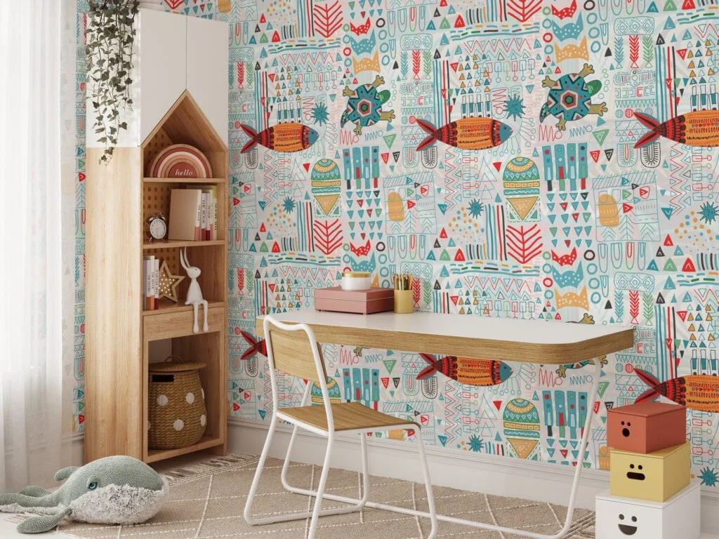 Eclectic Kids Hieroglyphic Illustration Wallpaper, Vibrant Tribal Geometric Peel & Stick Wall Mural