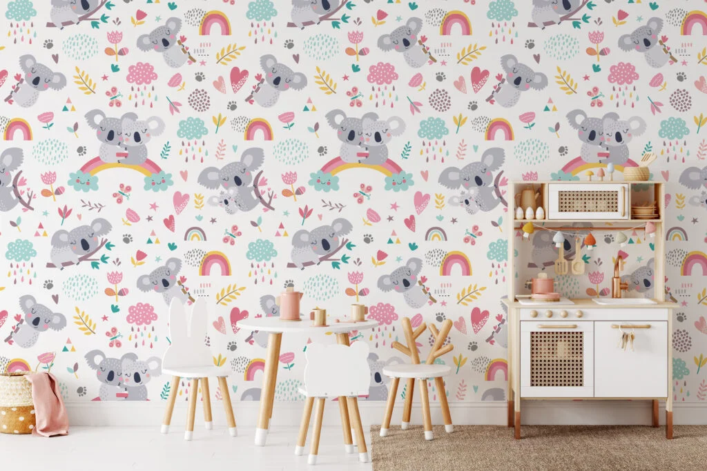 Nursery Cute Flat Art Koala Design Illustration Wallpaper, Enchanting Koala Peel & Stick Wall Mural