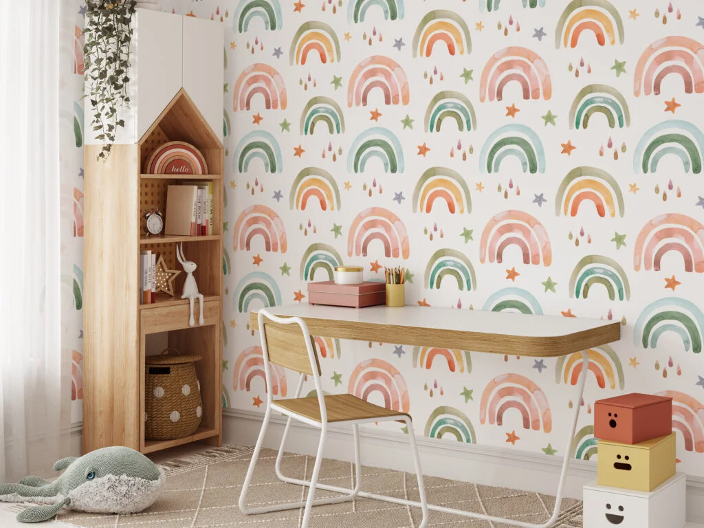 Watercolor Colorful Nursery Rainbows And Stars Illustration Wallpaper, Rainbow Drops Peel & Stick Wall Mural