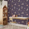 Farmer Rabbits With Dark Purple Background Illustration Wallpaper, Enchanted Garden Friends Peel & Stick Wall Mural