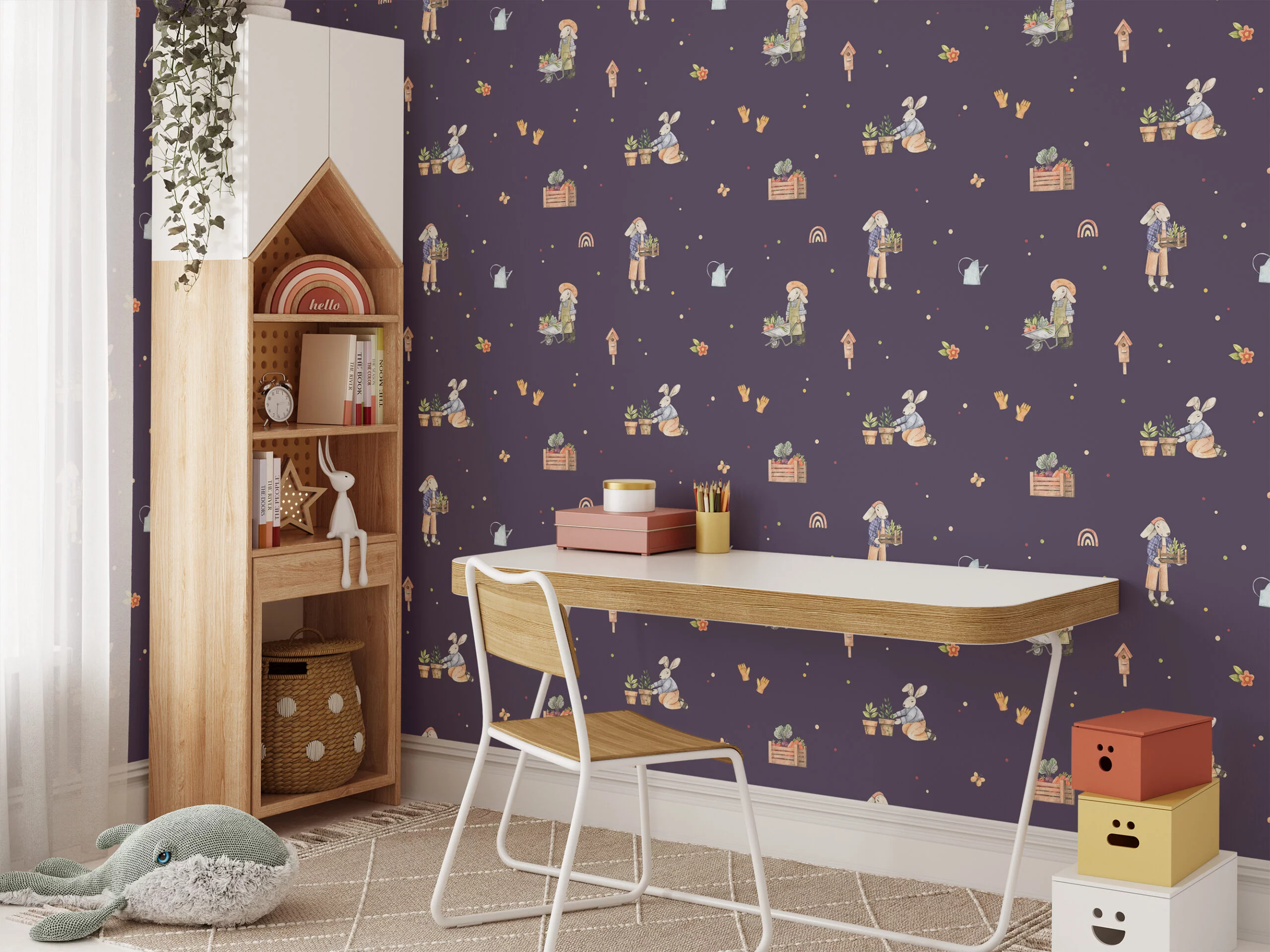 Farmer Rabbits With Dark Purple Background Illustration Wallpaper, Enchanted Garden Friends Peel & Stick Wall Mural
