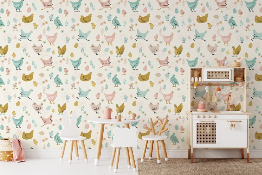 Cute Farm Animal Chickens With Eggs Illustration Wallpaper, Whimsical Nursery Room Peel & Stick Wall Mural