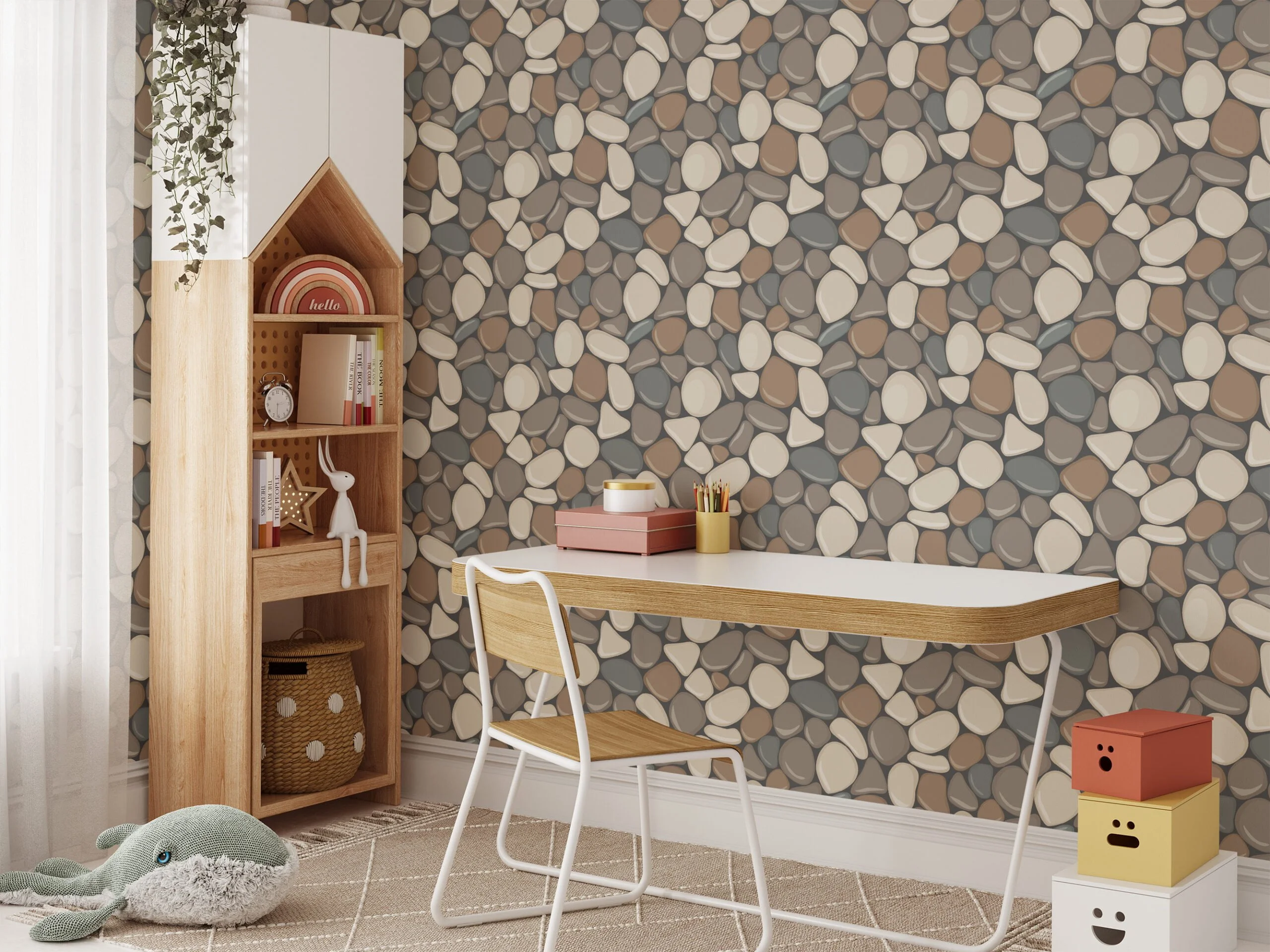 Cartoon Style Gravel Stone Pattern Wallpaper, Pebble Mosaic Faux Effect Peel & Stick Wall Mural