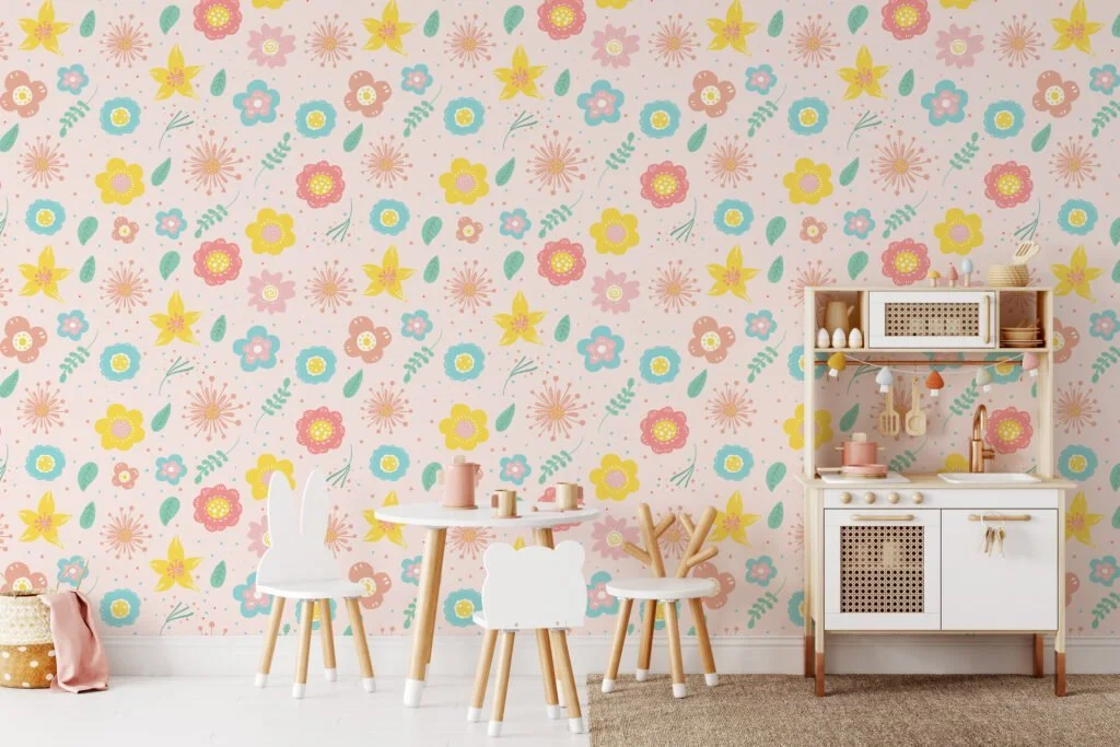 Nursery Abstract Colorful Flowers Pattern Illustration Wallpaper, Cheerful Floral Peel & Stick Wall Mural