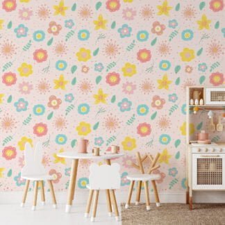 Nursery Abstract Colorful Flowers Pattern Illustration Wallpaper, Cheerful Floral Peel & Stick Wall Mural