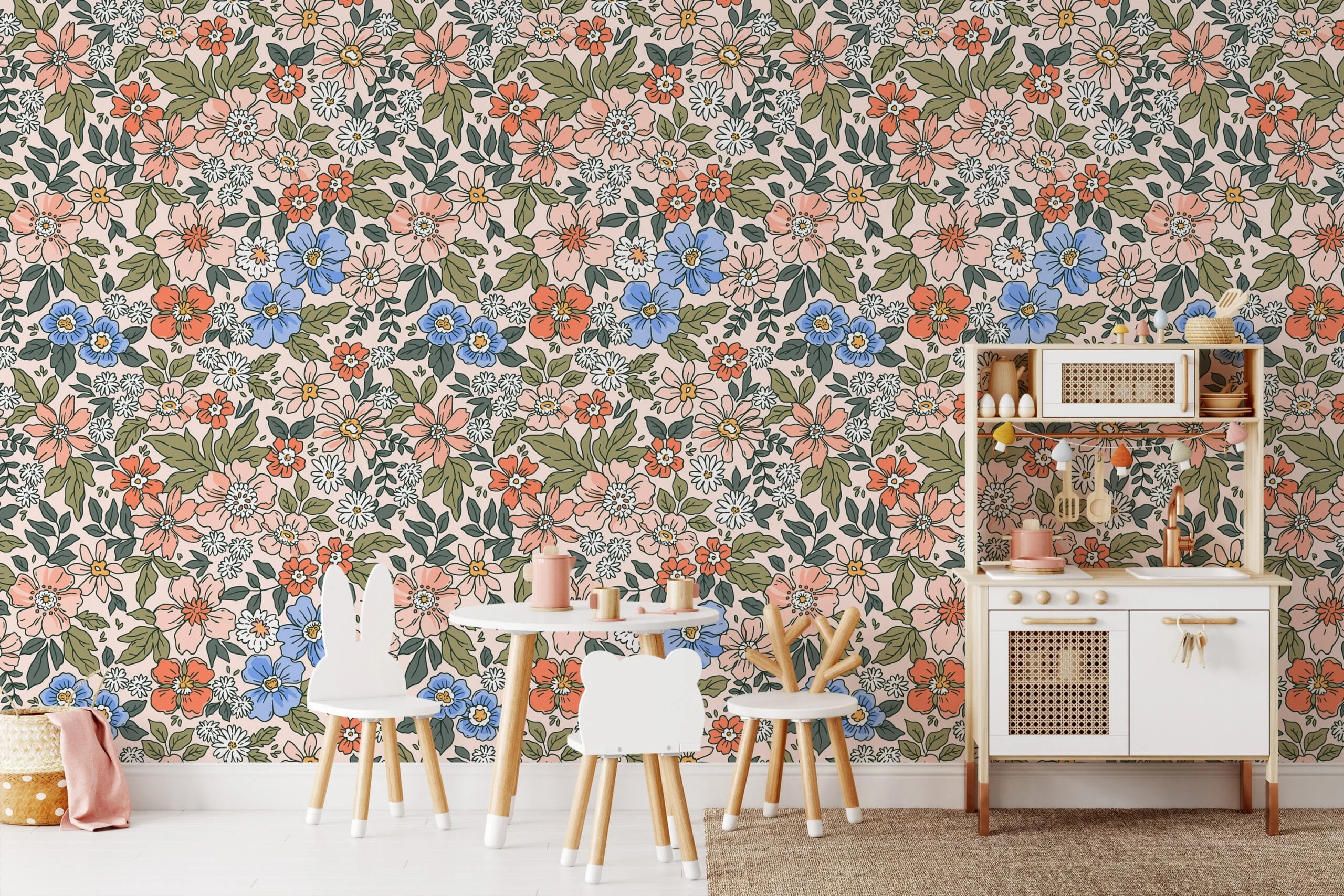 Outlined Flowers Design Illustration Wallpaper, Retro Floral Blooms Peel & Stick Wall Mural