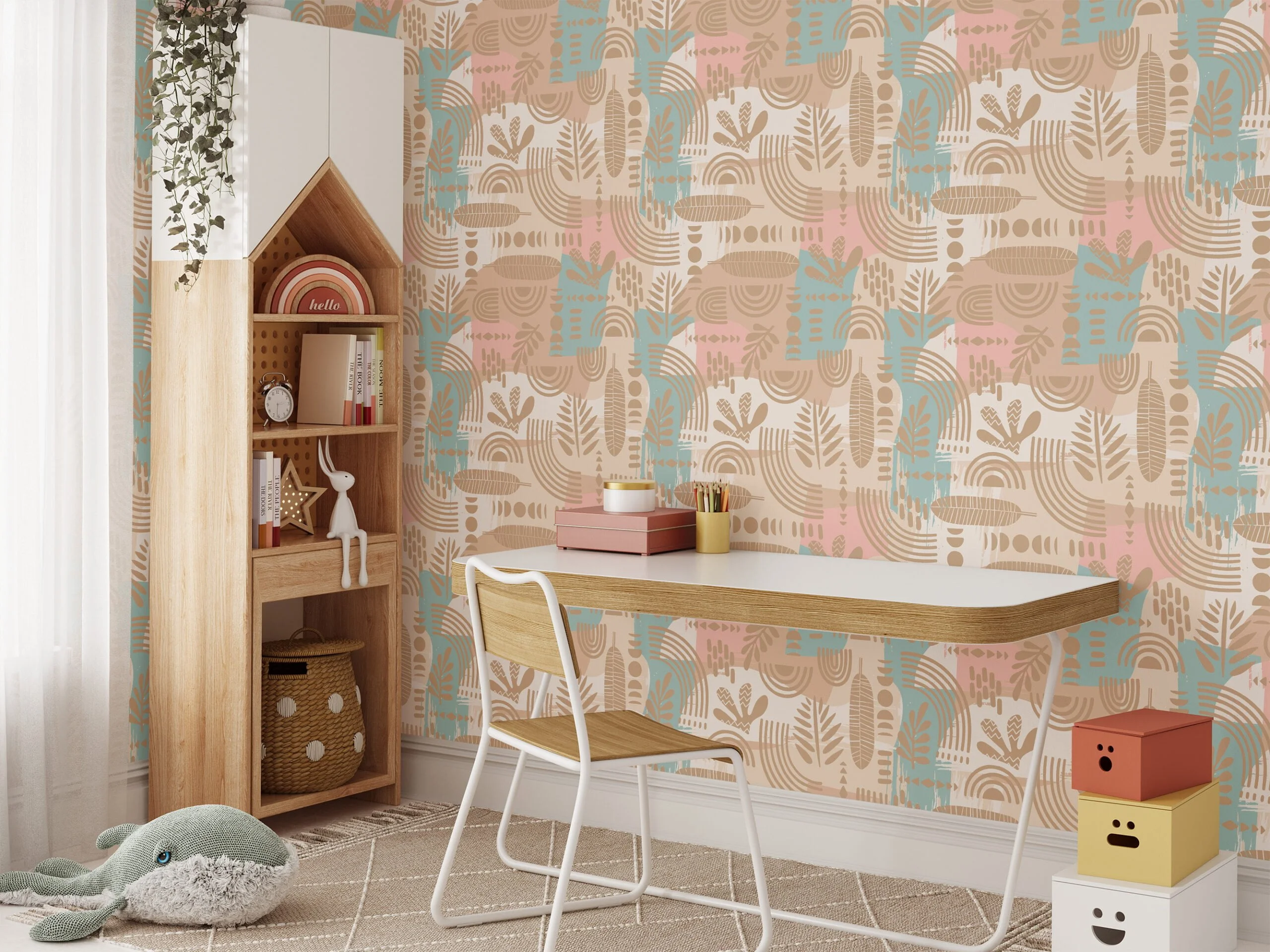 Pastel Boho Illustration Wallpaper, Soft Hued Decor Peel & Stick Wall Mural