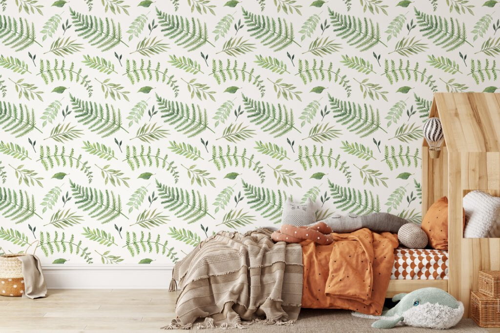 Watercolor Green Leaves And Branches Pattern Wallpaper, Refreshing Botanical Peel & Stick Wall Mural