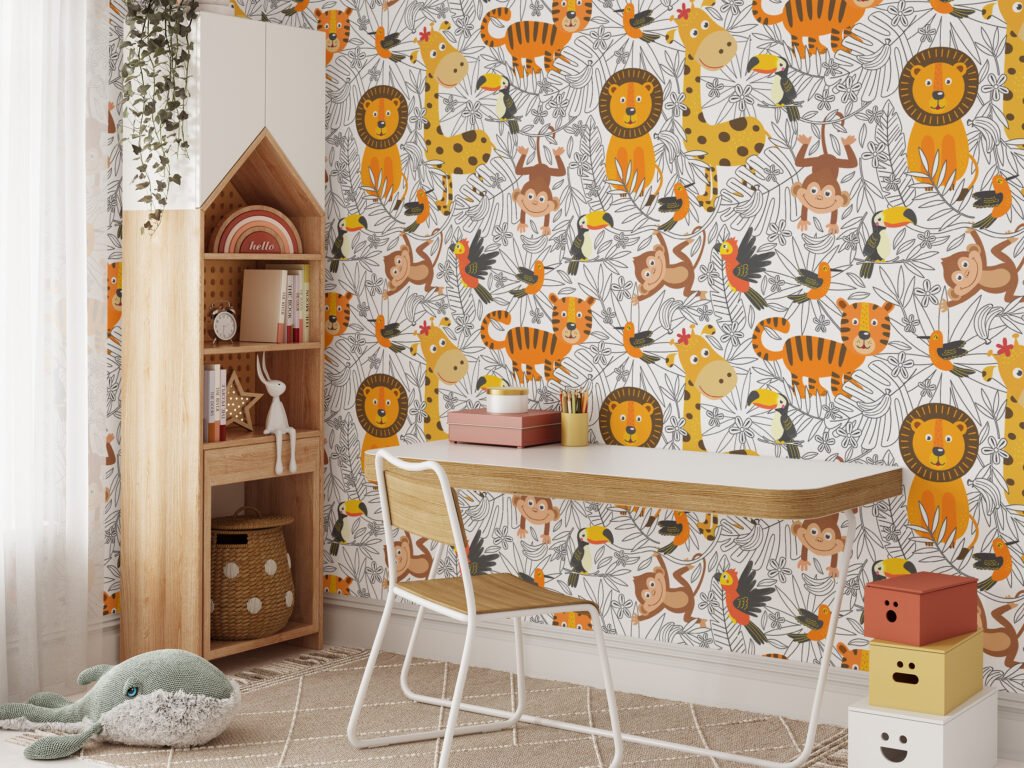 Cartoon Kids Tropical Illustration With Animals Wallpaper, Jungle Safari Kids Peel & Stick Wall Mural
