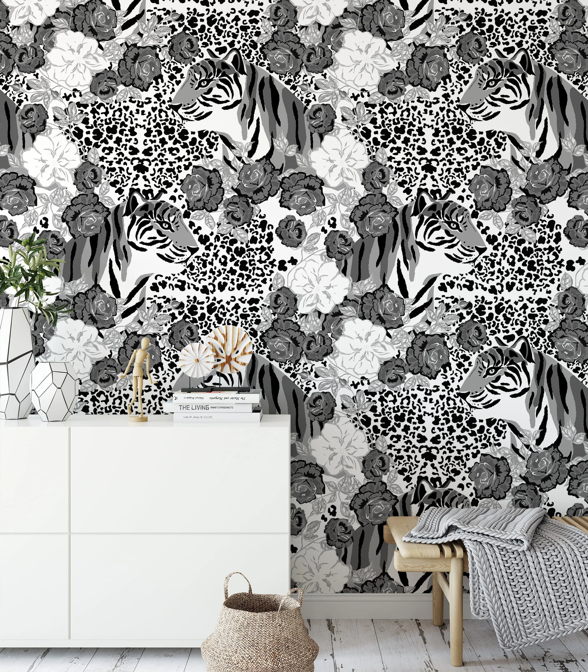 GreyScaled Roses And Tigers With Leopard Print Illustration Wallpaper, Monochrome Tiger & Floral Peel & Stick Wall Mural