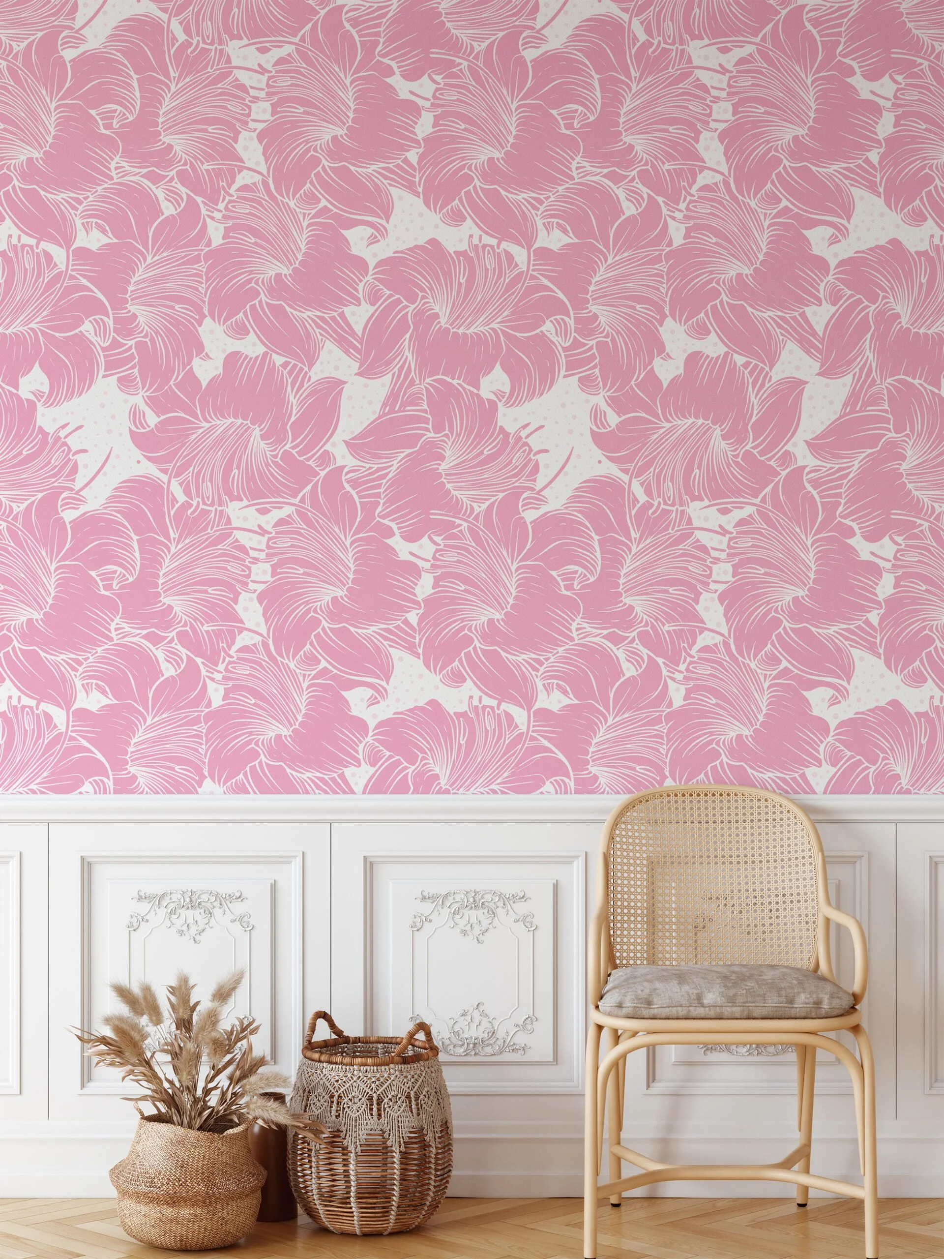 Large Pastel Pink Abstract Flowers Illustration Wallpaper, Elegant Soft Floral Peel & Stick Wall Mural