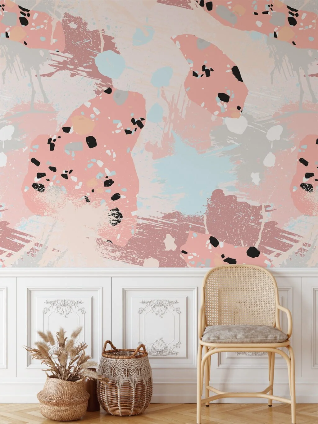 Abstract Peach Splashes Illustration Wallpaper, Abstract Brush Strokes & Speckles Peel & Stick Wall Mural