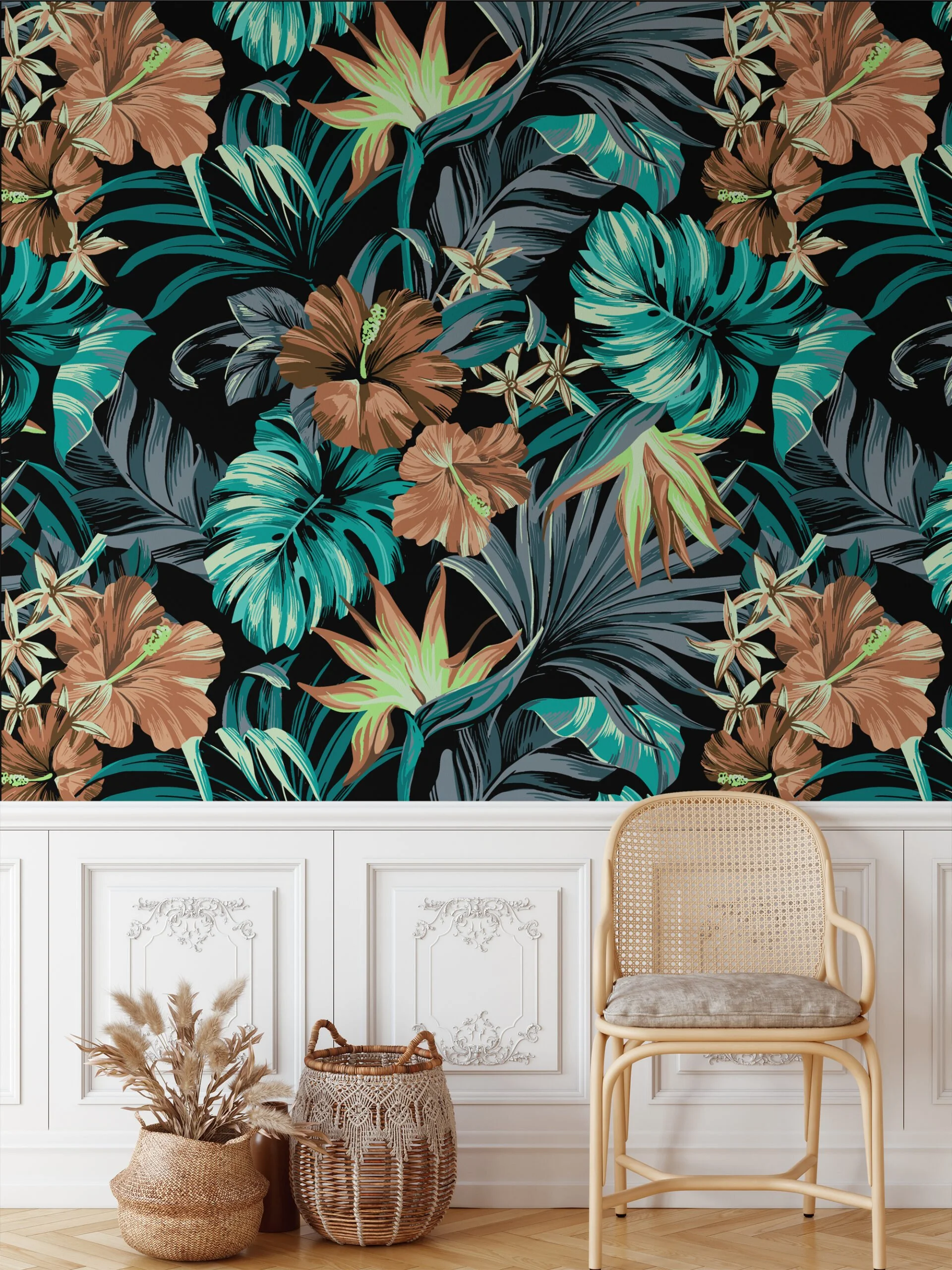 Tropical Leaves And Flowers On A Black Background Wallpaper, Exotic Green and Brown Flora Peel & Stick Wall Mural