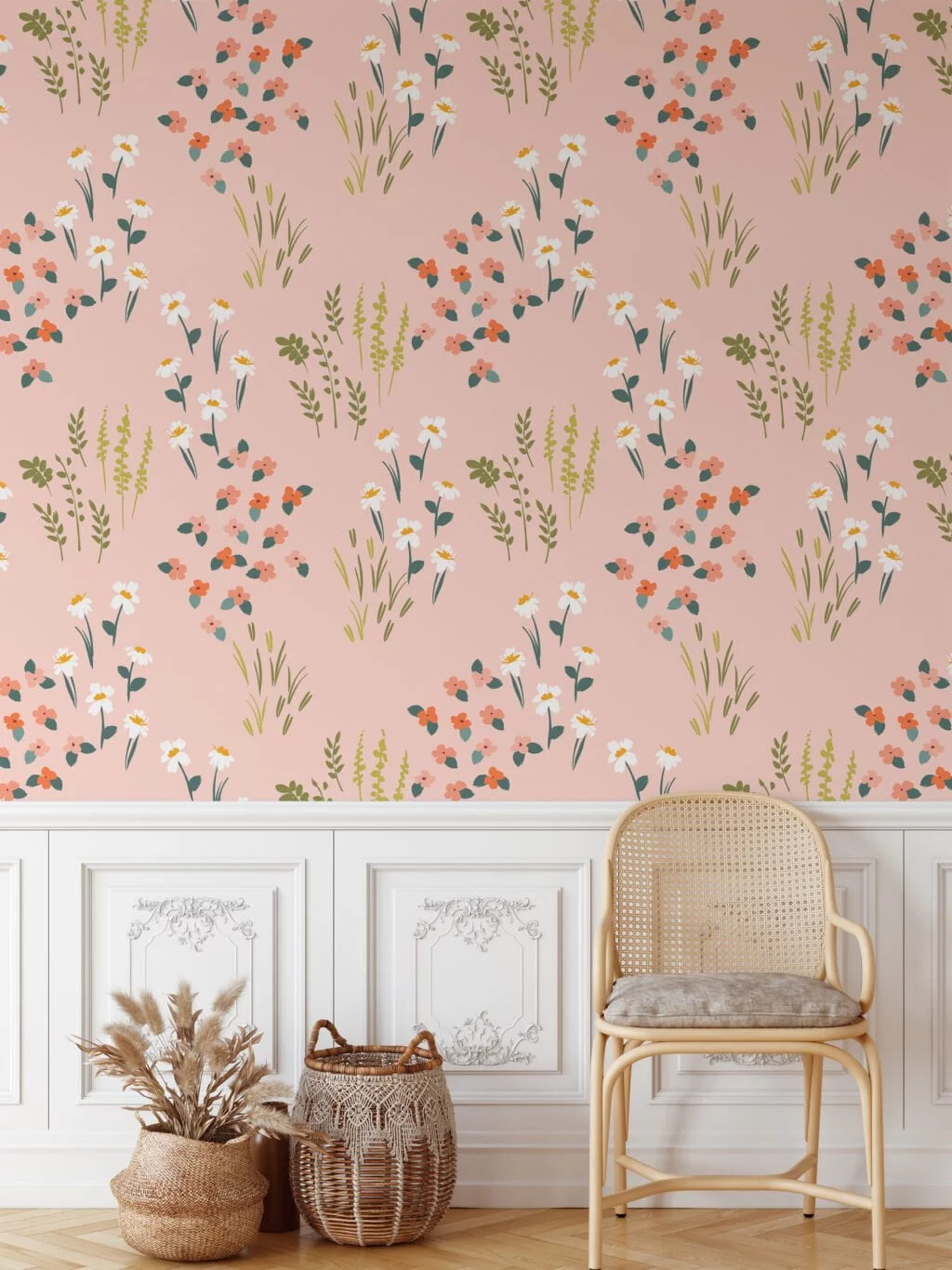 Pastel Peach Pink Flat Art Flowers Illustration Wallpaper, Delicate Wildflowers Peel & Stick Wall Mural