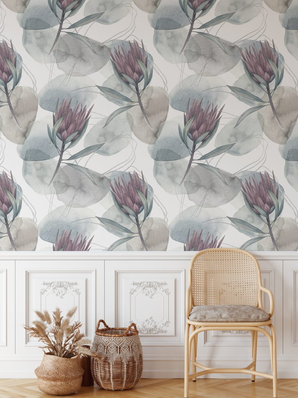 Muted Watercolor Style Flower Illustration Wallpaper, Elegant Botanical Peel & Stick Wall Mural