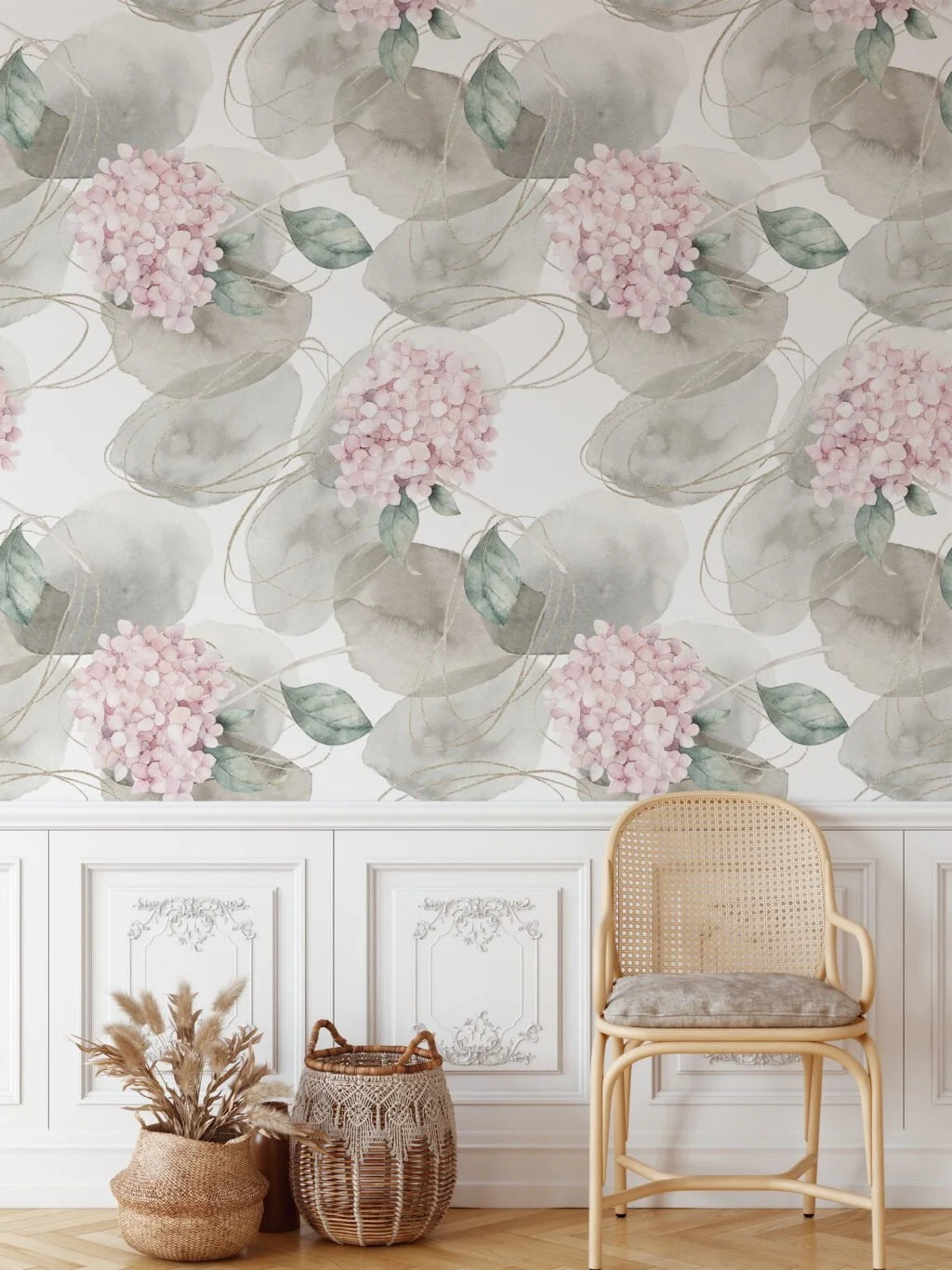 Watercolor Style Pink Flowers Illustration Wallpaper, Elegant Hydrangea Peel & Stick Wall Mural