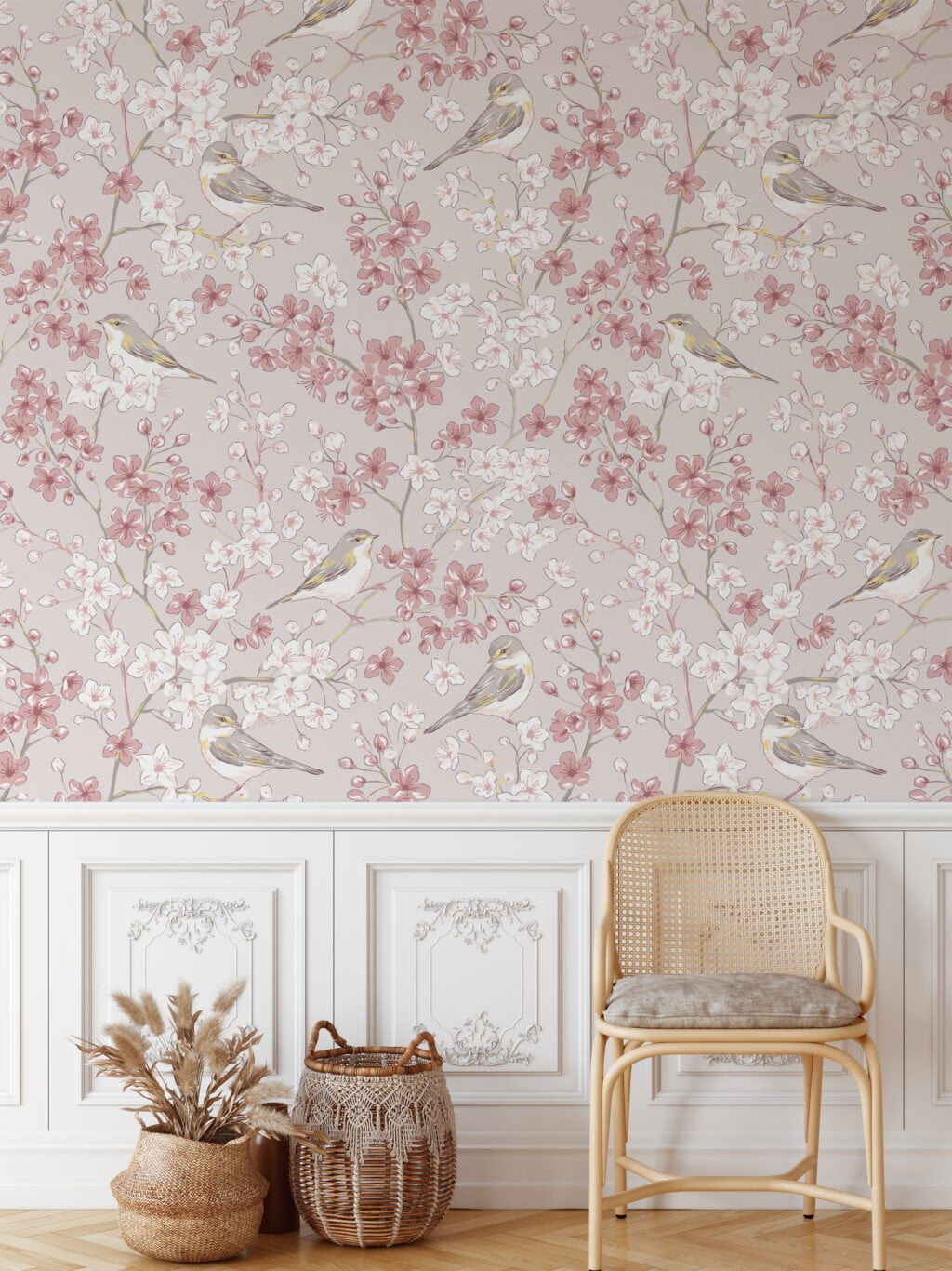 Pastel Pink Flower Design With Birds Illustration Wallpaper, Cherry Blossoms & Songbirds Peel & Stick Wall Mural