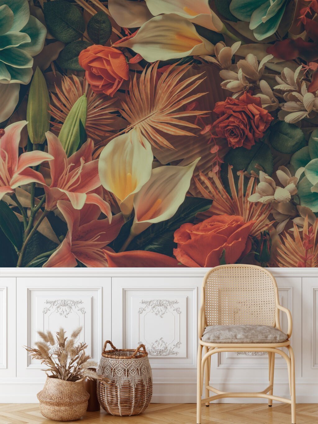 Vintage Style Large Flowers and Roses Wallpaper, Lush Botanical Peel & Stick Wall Mural