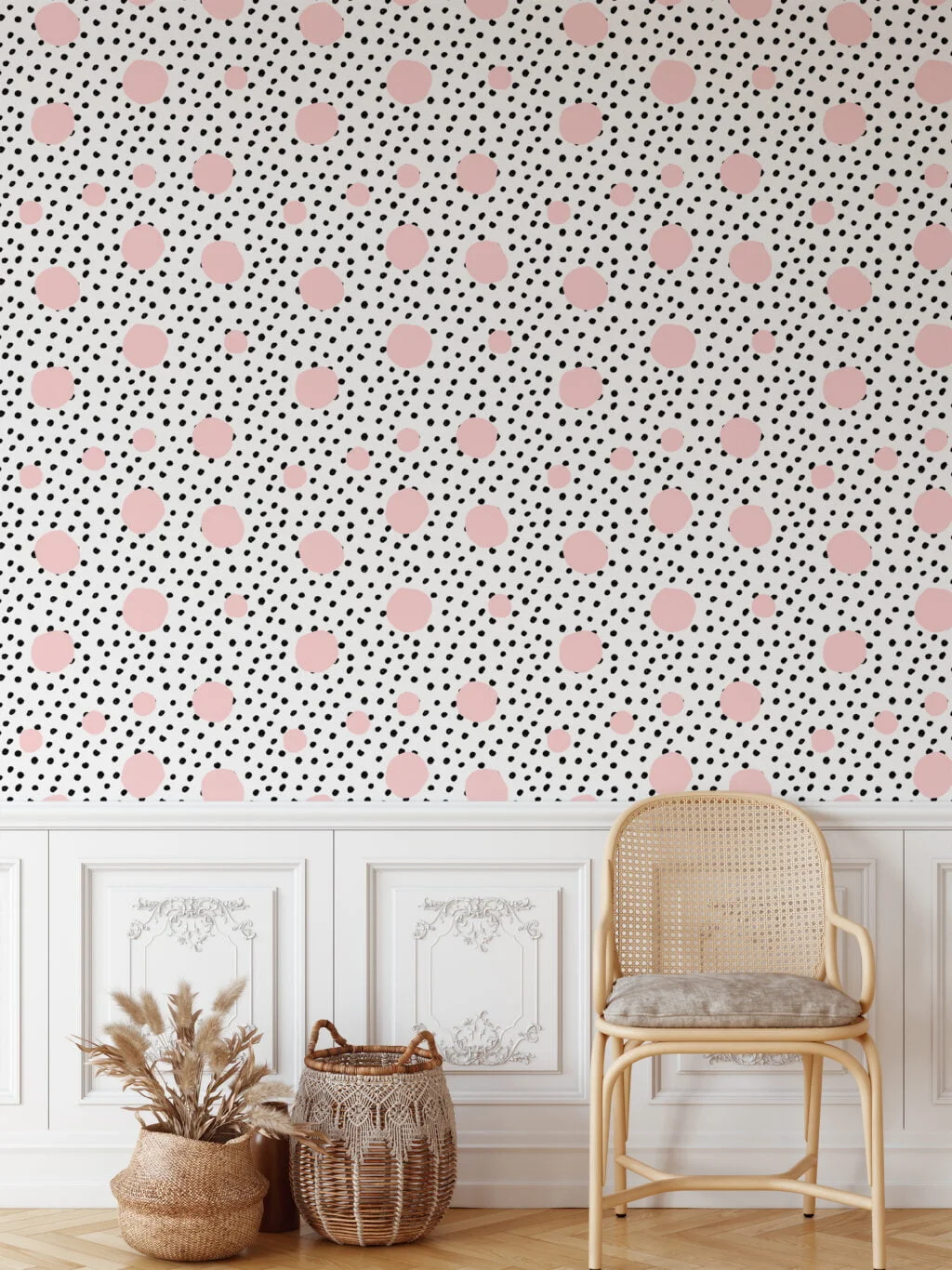 Polka Dots Illustration Wallpaper, Polka Dots & Pink Spheres Peel & Stick Wall Mural