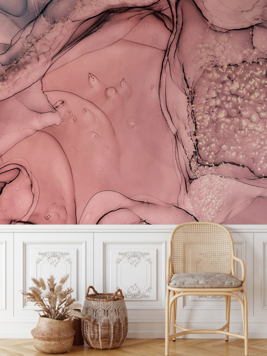 Rose Gold Alcohol Ink Art Wallpaper, Soft Pink Crystal Marble Peel & Stick Wall Mural