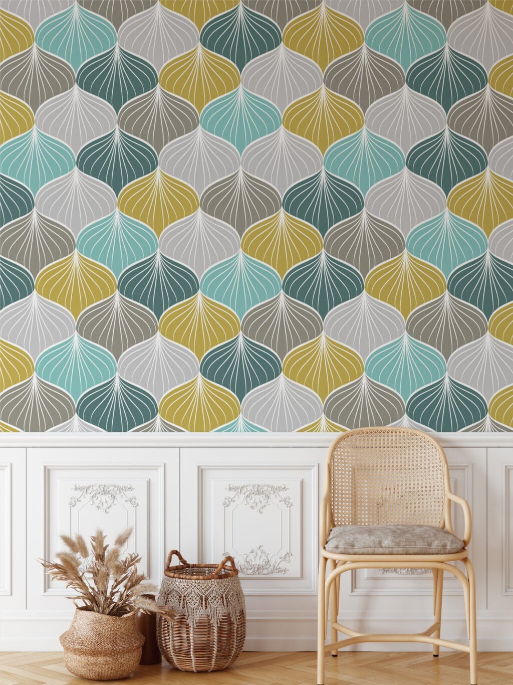 Colorful Abstract Shell Pattern Wallpaper, Modern Geometric Scallop Peel & Stick Wall Mural