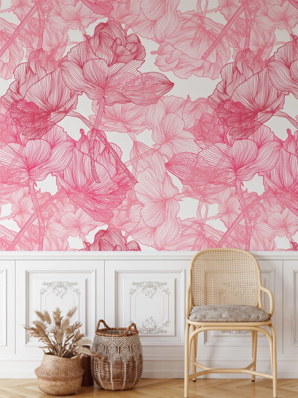 Large Pink Roses Line Art Wallpaper, Elegant Botanical Peel & Stick Wall Mural