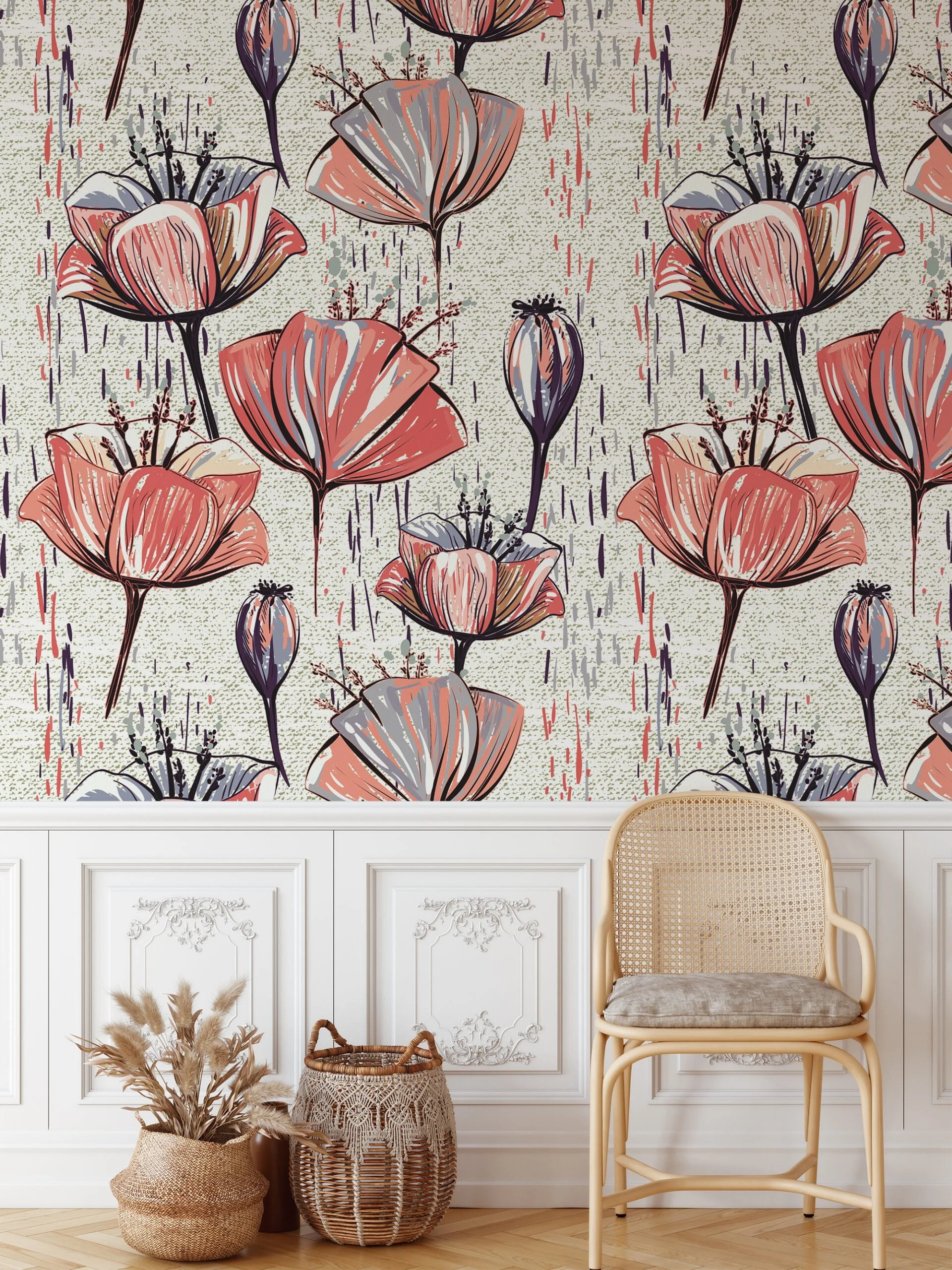 Flower Illustration Wallpaper, Abstract Floral Tulip Sketch Peel & Stick Wall Mural