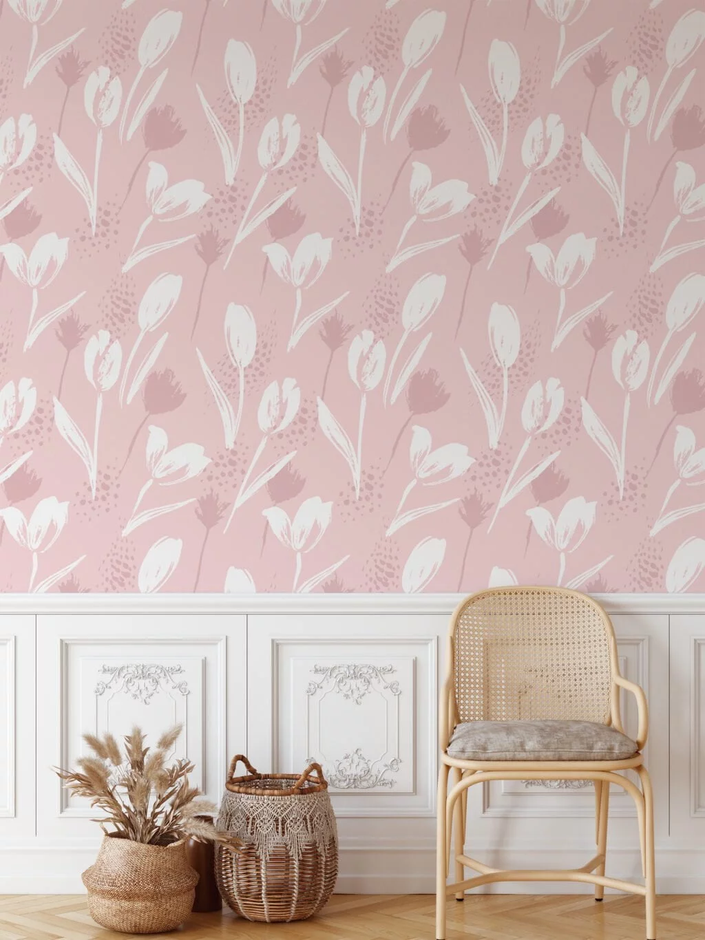 Pastel Tulips Illustration Wallpaper, Delicate Floral Elegant Peel & Stick Wall Mural