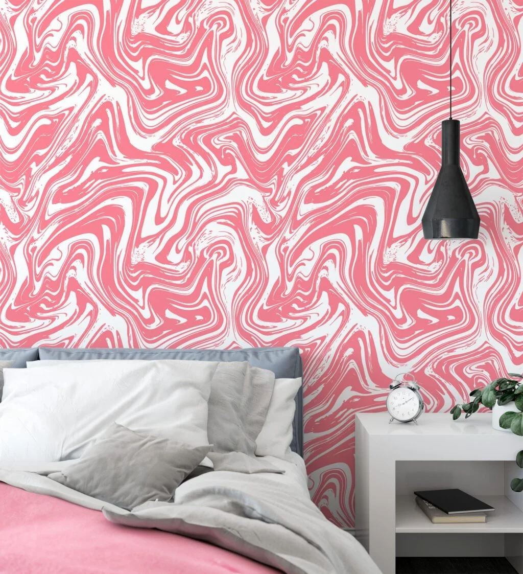 Peach Pink Swirl Design Illustration Wallpaper, Fluid Abstract Peel & Stick Wall Mural