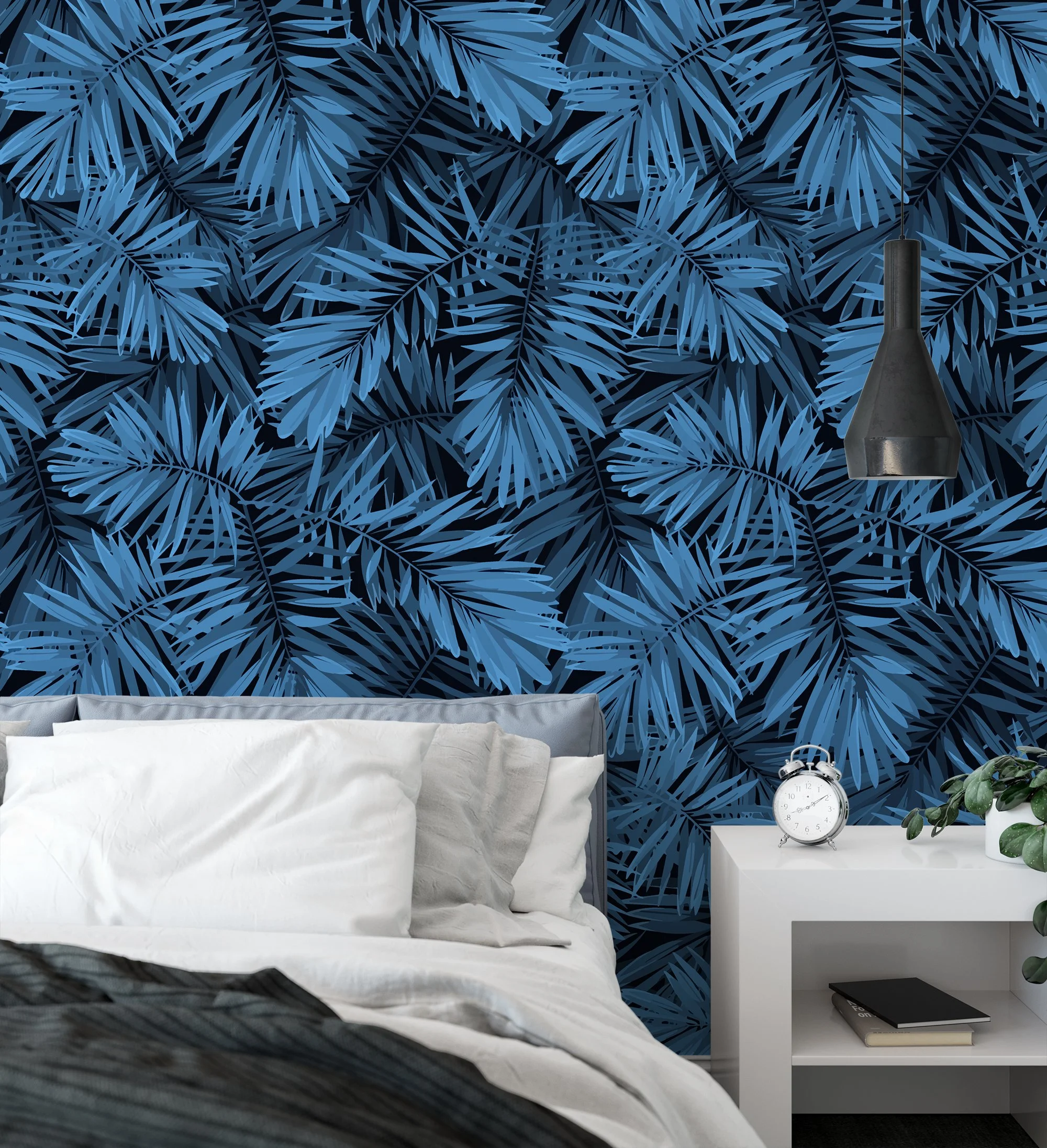 Blue Large Leaves Illustration Wallpaper, Tropical Leaf Design Peel & Stick Wall Mural